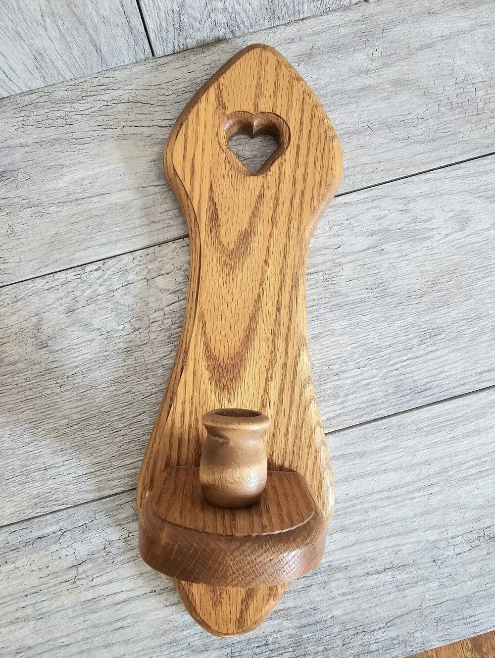 Vintage Cottagecore Solid Oak Heart Wall Candle Sconce Pair